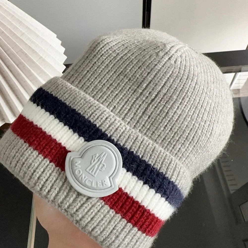 Moncler Kids Light Grey Beanie with Navy & Red Stripe Detail